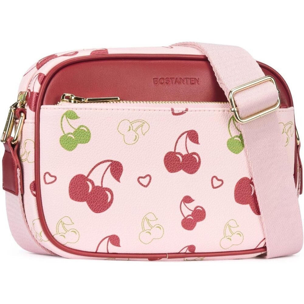 Bostanten Women Cherry PU leather Small Quilted Crossbody Bags With Wide Strap